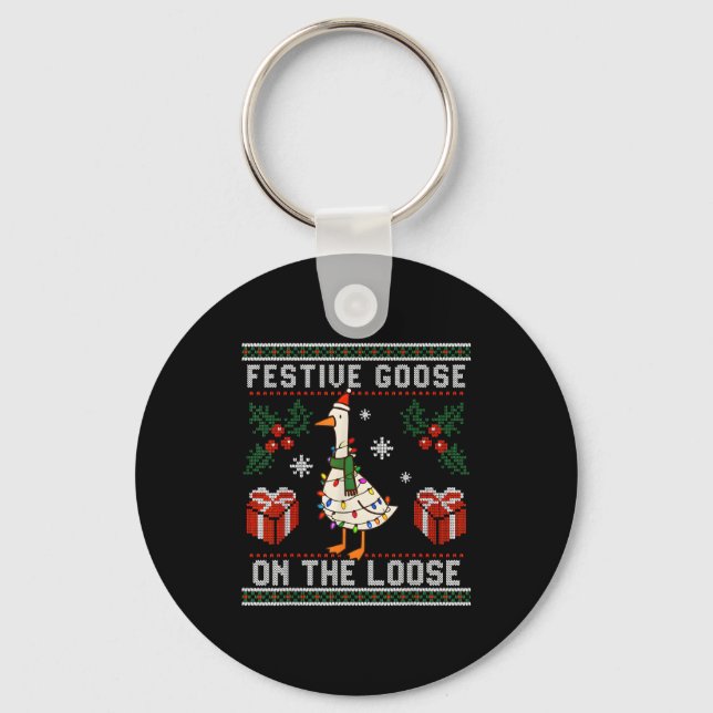 Festive Goose On The Loose Funny Ugly Sweater Chri Nyckelring (Framsida)