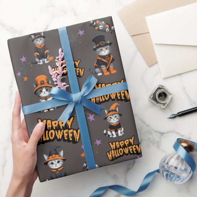Festive grått Witch Cats in Halloween Disguise Presentpapper (Gifting)