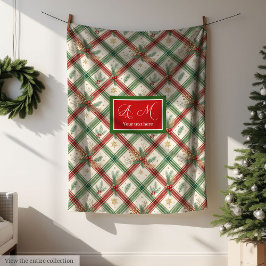 Festive green and red tartan monogram holiday fleecefilt