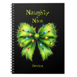 Festive Green Fur Bow-Lights Naughty or Nice Name Anteckningsbok