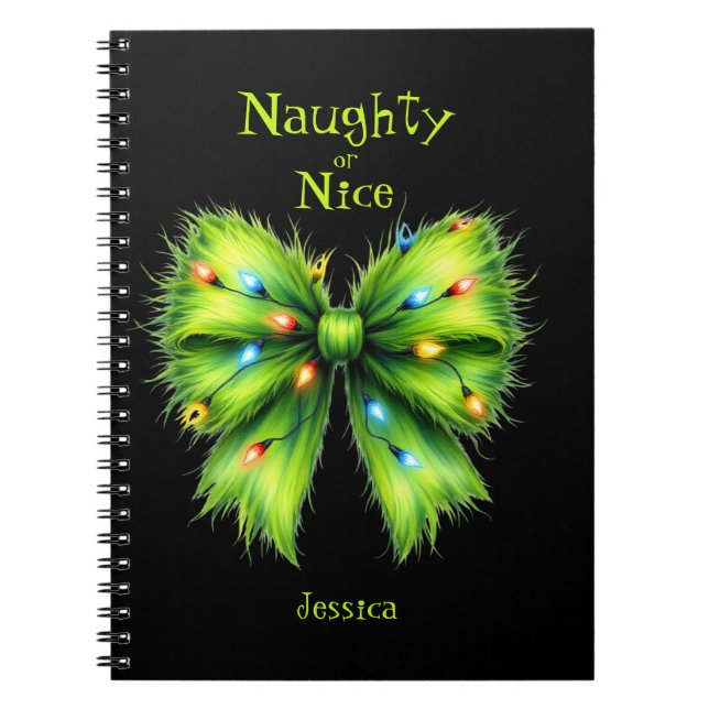 Festive Green Fur Bow-Lights Naughty or Nice Name Anteckningsbok (Framsidan)