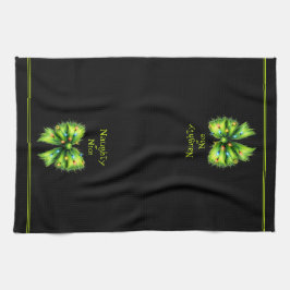 Festive Green Fur Bow-Lights Naughty or Nice Name Kökshandduk
