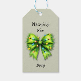 Festive Green Furry Bow-Lights Naughty or Nice Presentetikett