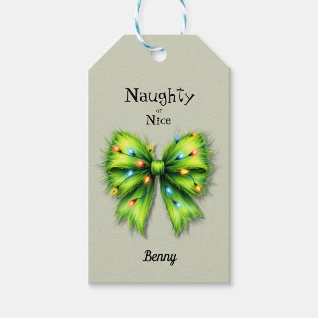 Festive Green Furry Bow-Lights Naughty or Nice Presentetikett (Framsidan)