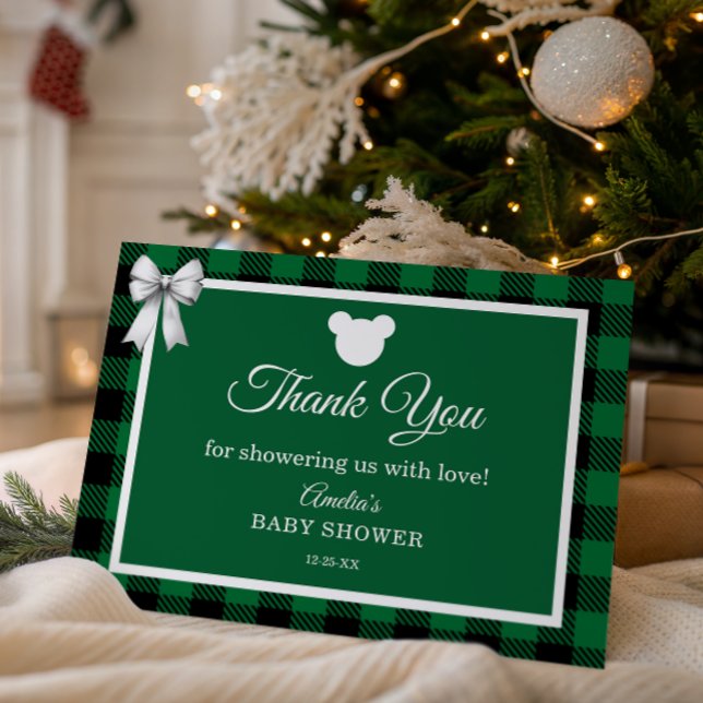 Festive Green Plaid Merry Little Baby Shower Tack Kort (Skapare uppladdad)