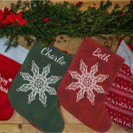 Festive Green Red & White Snowflake Personalized Stor Julstrumpa