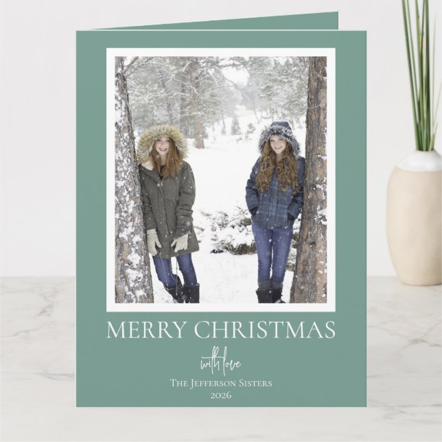 Festive Green & White Script Merry Christmas Photo Kort (Framsida)
