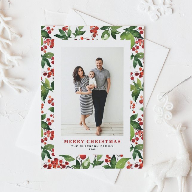 Festive Greenery and Winterberry Photo Jul Helg Vykort (Watercolor Festive Winter Berries and Greenery Photo Merry Christmas Holiday Postcard)