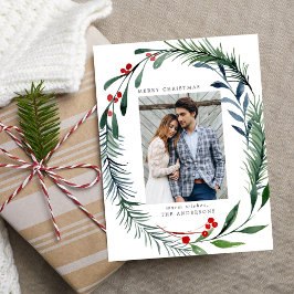 Festive Greenery & Holly Berries, andningsfoto Helg Vykort