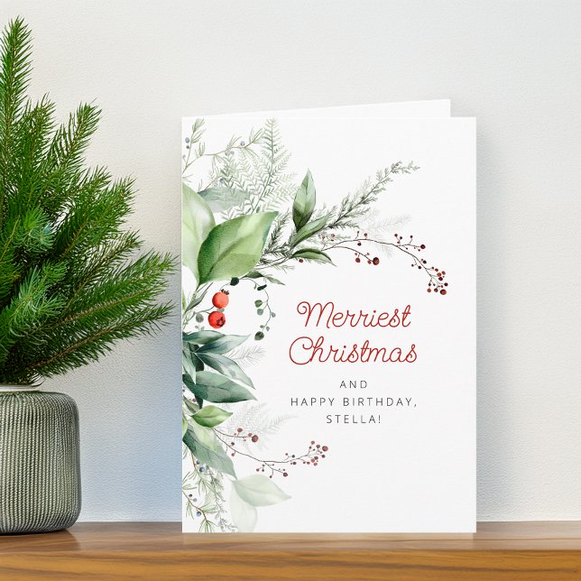 Festive Greenery Merry Christmas Happy Birthday Helgkort (Festive Greenery Merry Christmas Happy Birthday Holiday Card)