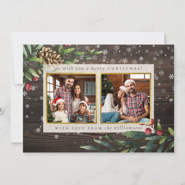 Festive Grenar | Julfoto för trä och Guld Julkort (Framsida)