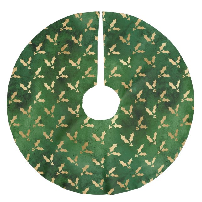 Festive Grönt and Gold Foil Winter jul Holly Julgransmatta Borstad Polyester (Framsidan)