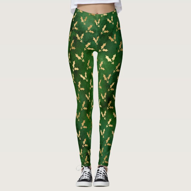 Festive Grönt and Gold Foil Winter jul Holly Leggings (Framsida)