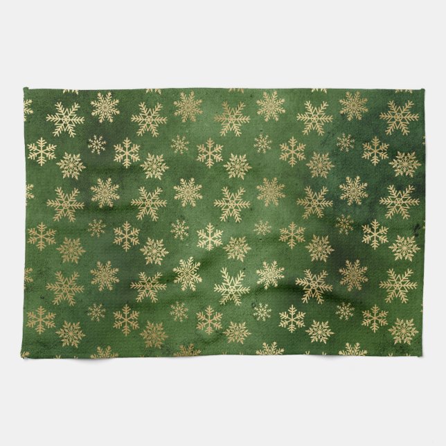 Festive Grönt and Gold Foil Winter Snöflingor Kökshandduk (Horisontell)