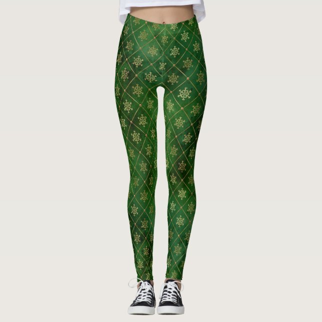 Festive Grönt and Gold Foil Winter Snöflingor Leggings (Framsida)