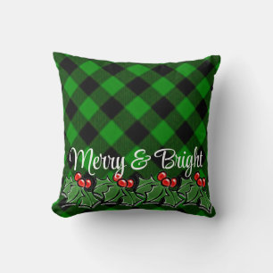 Festive grönt Black plaid holly lövs bär Kudde