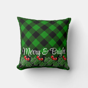 Festive grönt Black plaid holly lövs bär Kudde