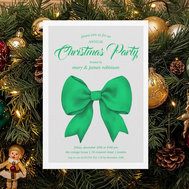 Festive Grönt Bow-Julfesten Inbjudningar (Festive Green Bow Christmas Holiday Party Invitation)