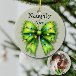 Festive Grönt Bow-Ljus Naughty eller Nice Photo Julgransprydnad Keramik