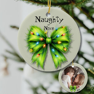 Festive Grönt Bow-Ljus Naughty eller Nice Photo Julgransprydnad Keramik