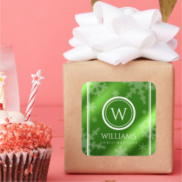 Festive Grönt Foil Snöflingor Monogram Namn Fyrkantigt Klistermärke