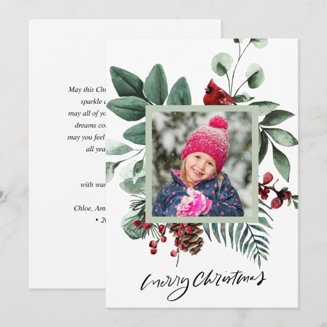 Festive Grönt Foliage Eucalyptus Red Kardinal Bird Julkort (Fram/baksida)