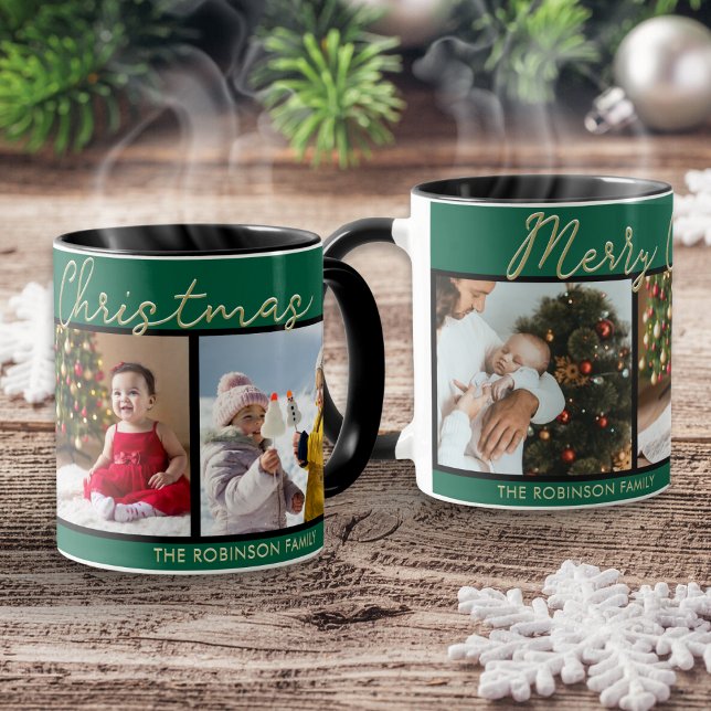 Festive Grönt God jul 3 Photos Collage Mugg (A festive personalized green mug, with Merry Christmas greeting and a gallery of your own photos)