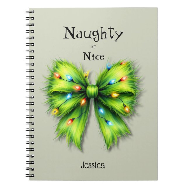 Festive Grönt Hårig Bow-Ljus Naughty eller Nice Anteckningsbok (Framsidan)