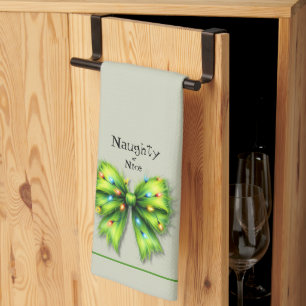 Festive Grönt Hårig Bow-Ljus Naughty eller Nice Kökshandduk