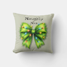 Festive Grönt Hårig Bow-Ljus Naughty eller Nice Kudde