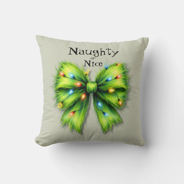 Festive Grönt Hårig Bow-Ljus Naughty eller Nice Kudde (Framsida)
