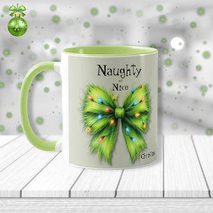Festive Grönt Hårig Bow-Ljus Naughty eller Nice Mugg