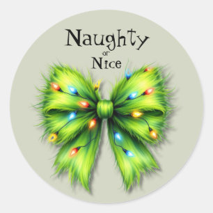 Festive Grönt Hårig Bow-Ljus Naughty eller Nice Runt Klistermärke