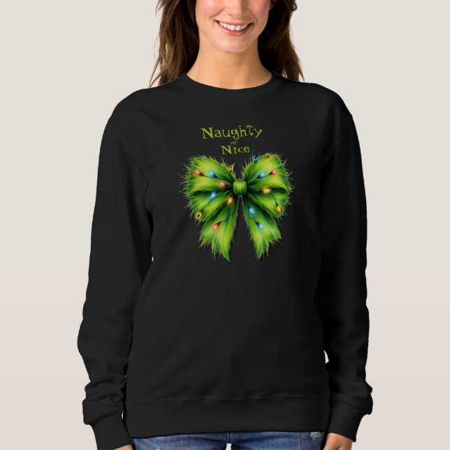Festive Grönt Hårig Bow-Ljus Naughty eller Nice T Shirt (Framsida)