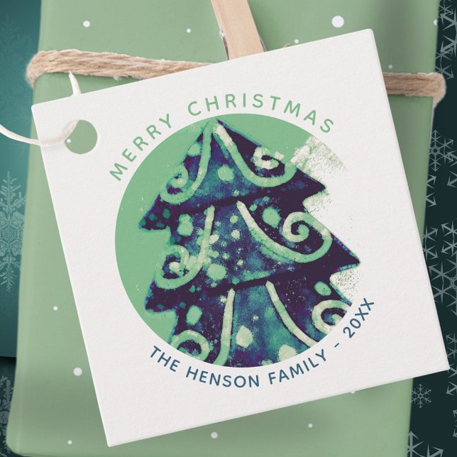 Festive Grönt Julgran Family Helgdagars Gåvor Etiketter (Skapare uppladdad)