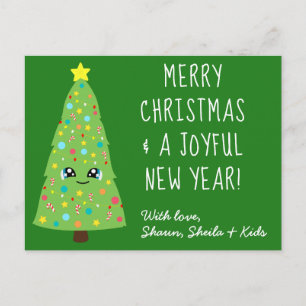 Festive Grönt Kawaii Julgran God jul Vykort