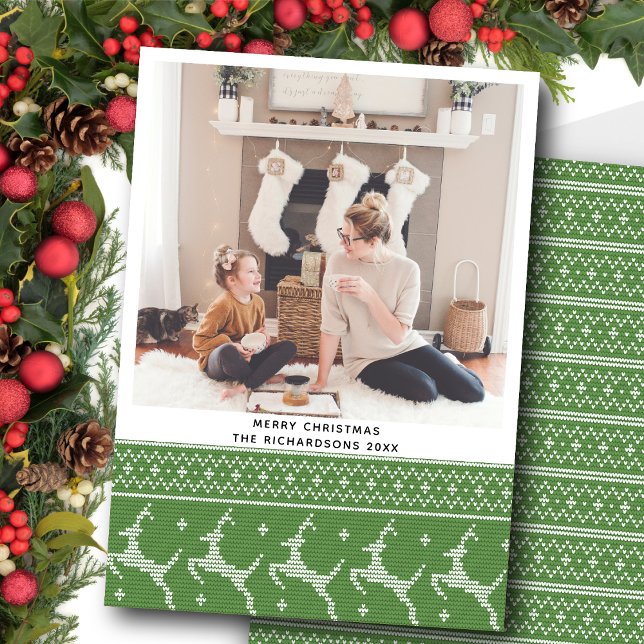 Festive Grönt Nordic Sweater Reindeer Mönster Julkort (Skapare uppladdad)