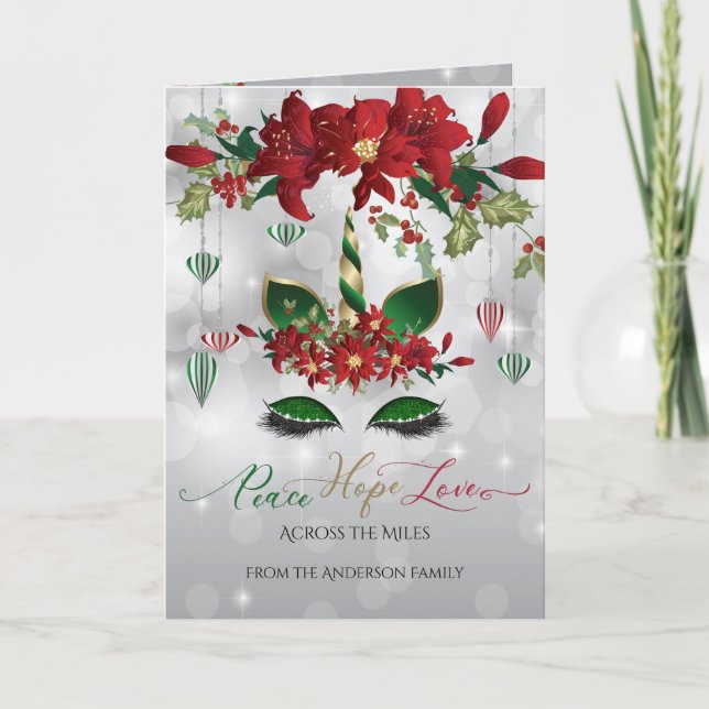 Festive Grönt och Guld Helgdag Unicorn Ansikte Helgkort (Framsida)