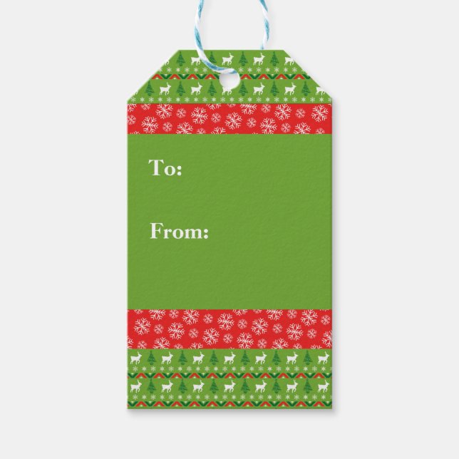 Festive Grönt och Red Reindeer och Snöflingor Presentetikett (Framsidan)