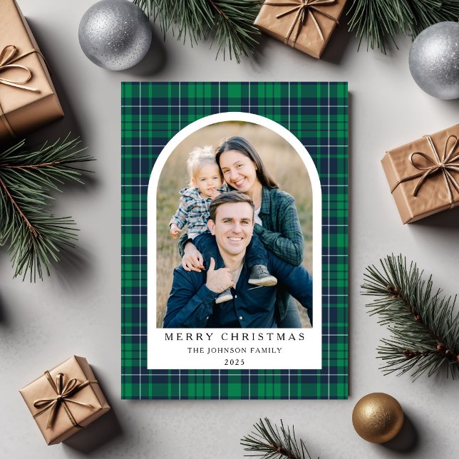 Festive Grönt Play Photo jul Julkort (Festive Green Plaid Photo Christmas Holiday Card)