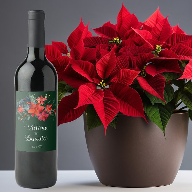 Festive Grönt Poinsettia Blommigt Helgdag Bröllop Vinflaska Etikett (Skapare uppladdad)