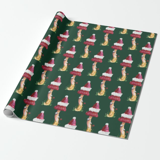 Festive Grönt Red Mushroom Mönster julgåva Presentpapper (Utrullad)