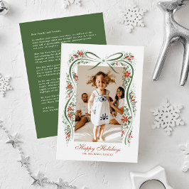 Festive Grönt Ribbon with Poinsettias and Greenery Julkort