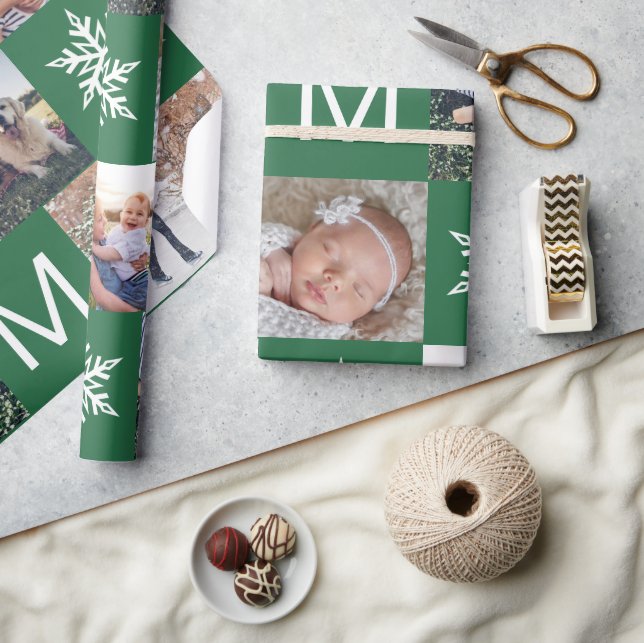 Festive Grönt Snöflingor Photo Collage jul Presentpapper (Hantverk)