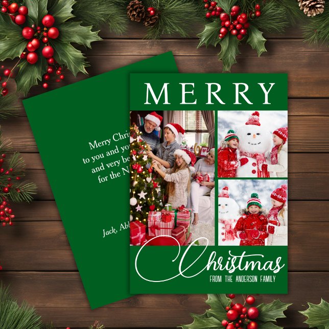 Festive Grönt & White God jul Tre foto Julkort (Festive Green & White Merry Christmas Three Photo Holiday Card)