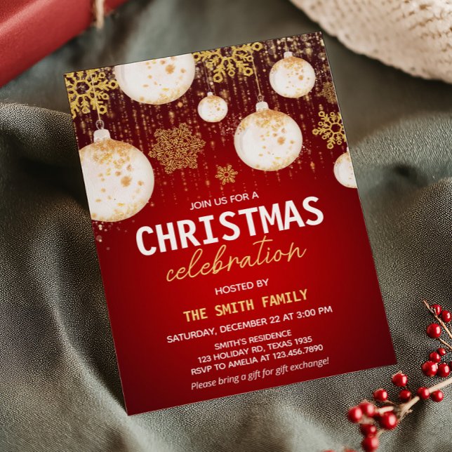 Festive Guld Bollar Red Helgdag jul Party Inbjudningar (Gold Balls Red Festive Holiday Christmas Party Invitation)