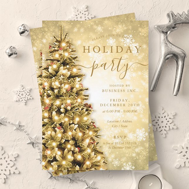 Festive Guld Julgran Company Julfest Inbjudningar (Festive Gold Christmas Tree Company Holiday Party Invitation)