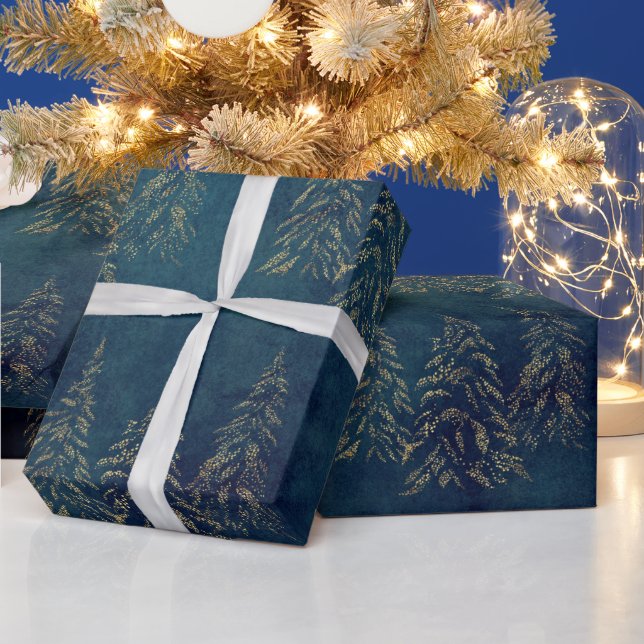 Festive Guld Julgranar Blue Midnight Presentpapper (Helgdagar)