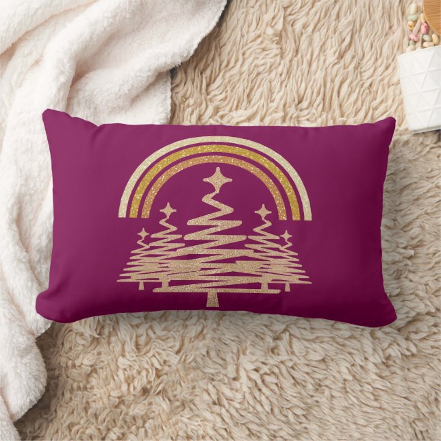 Festive Guld Rainbow Sparkling Fir Träd Lumbarkudde (Filt)