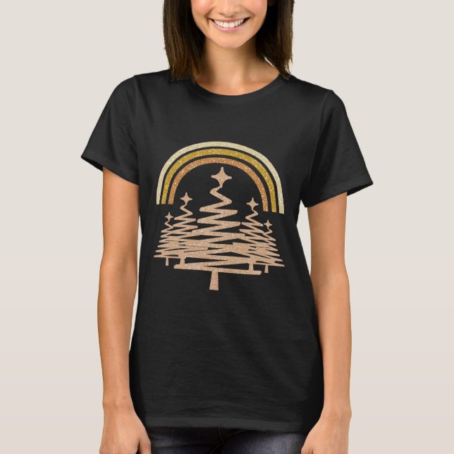 Festive Guld Rainbow Sparkling Fir Träd T Shirt (Framsida)
